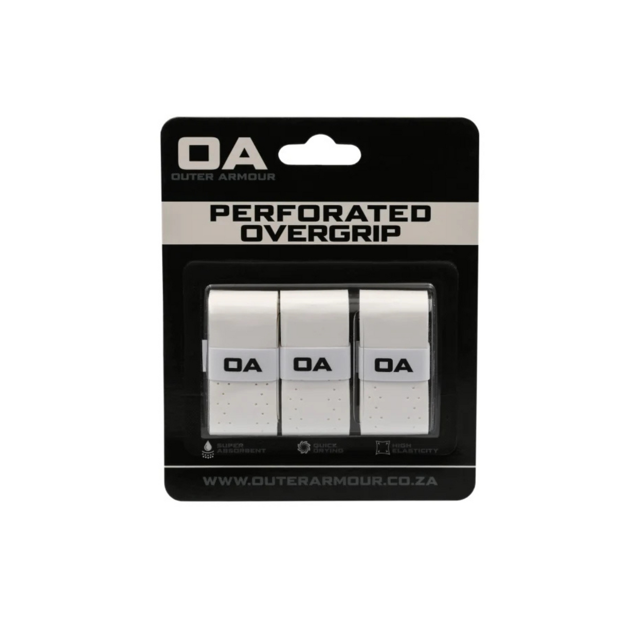 Outer Armour Overgrip 3pcs White-Perforated - three perforated white grips on the branded backing card