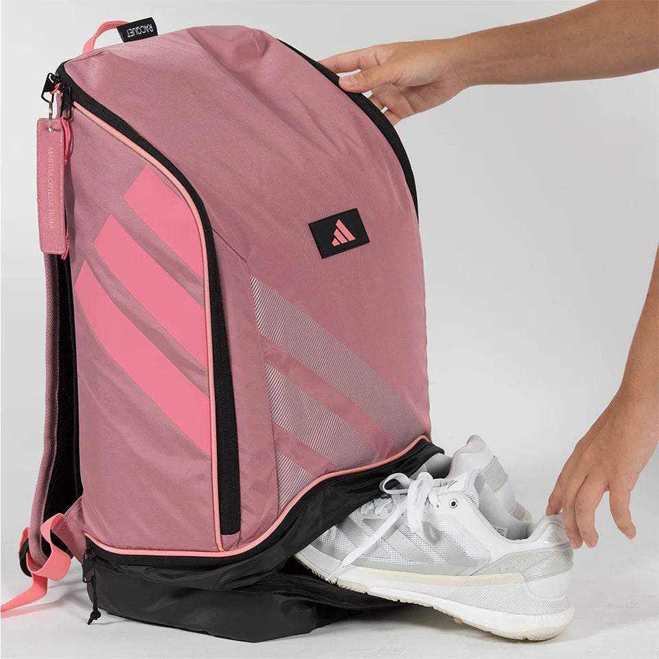 2026 Adidas Protour Backpack Pink - open, showing the shoe compartment