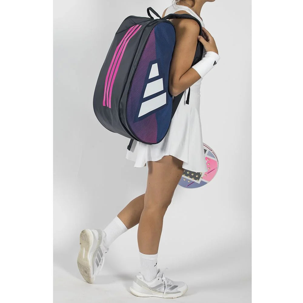 2026 Adidas Racket Bag Control Blue/Pink - worn on the back by a player