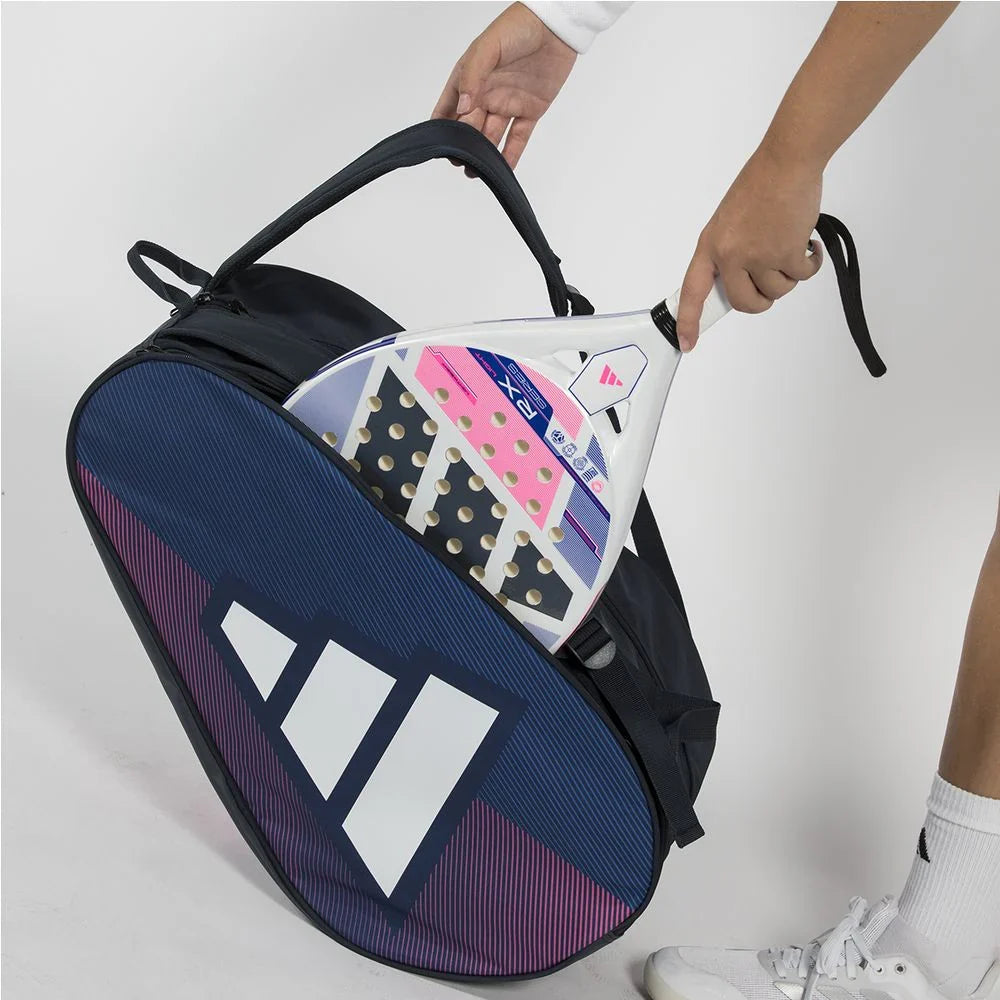 2026 Adidas Racket Bag Control Blue/Pink - carried by the handle with rackets inside