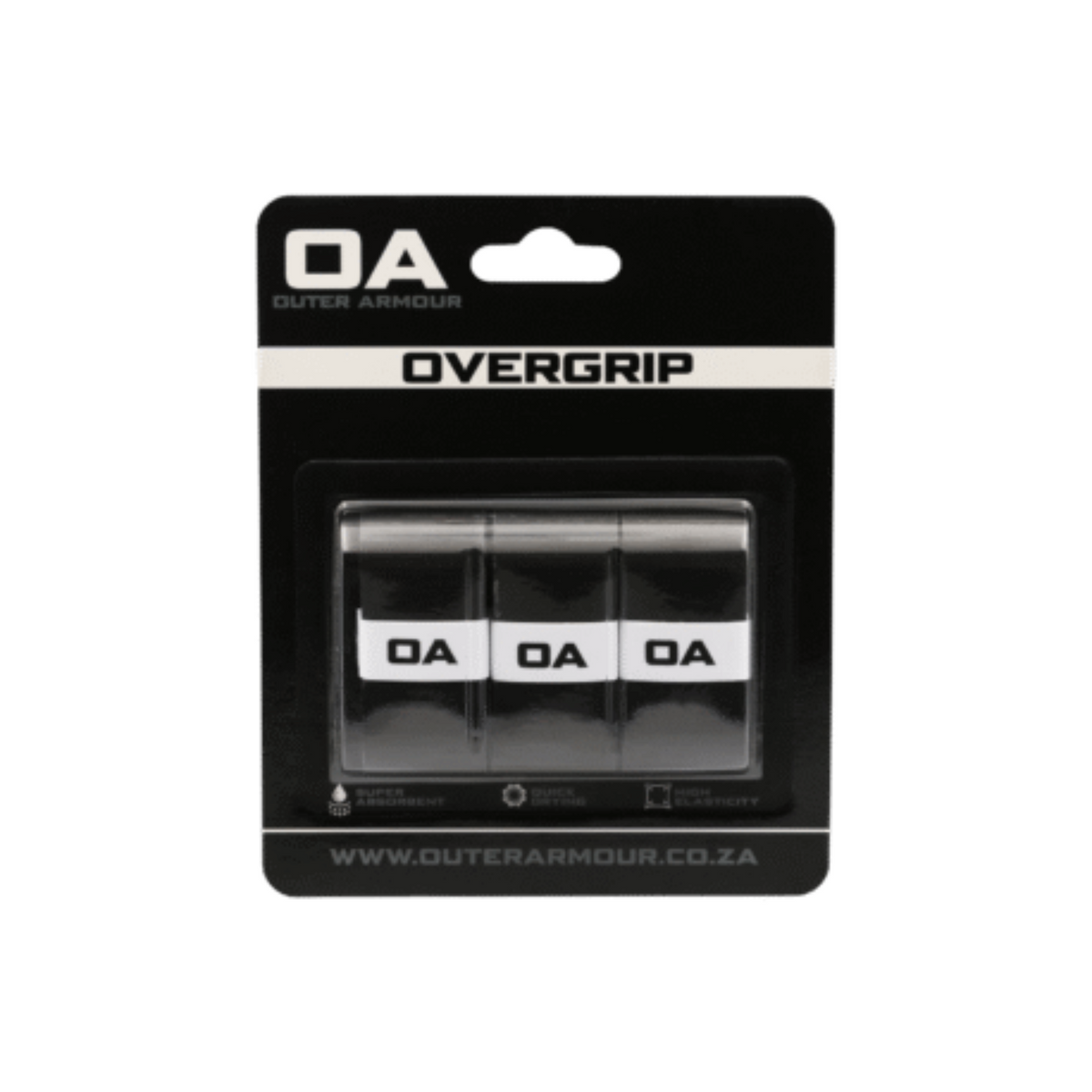Outer Armour Overgrip 3pcs Black-Smooth - three smooth black grips on the branded backing card