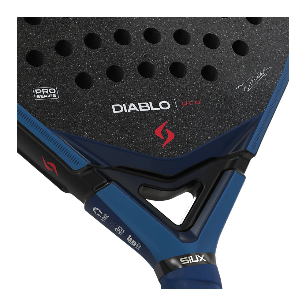 2026 Siux Diablo Pro Royal Blue padel racket - close-up of the heart bridge