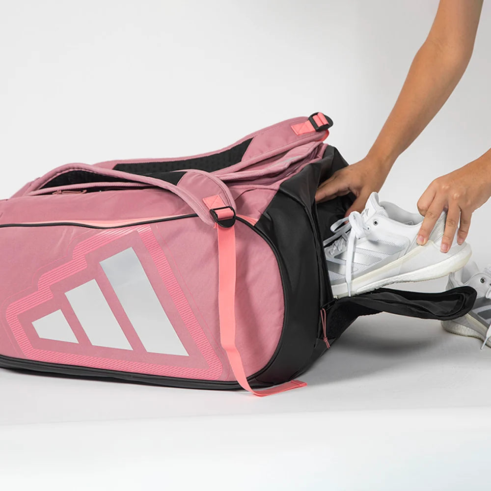 2026 Adidas Racket Bag Protour Pink - shoes being packed into the shoe compartment