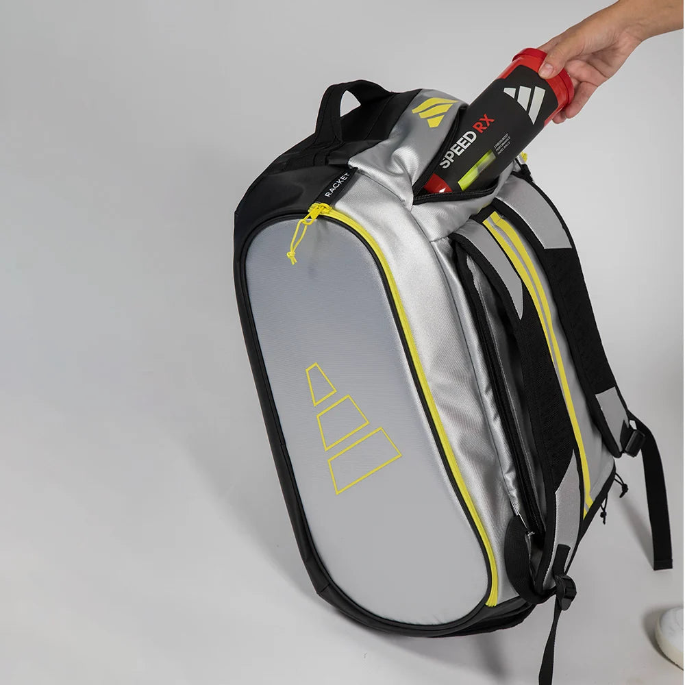 2026 Adidas Racket Bag Tour Silver - open, showing the interior compartments