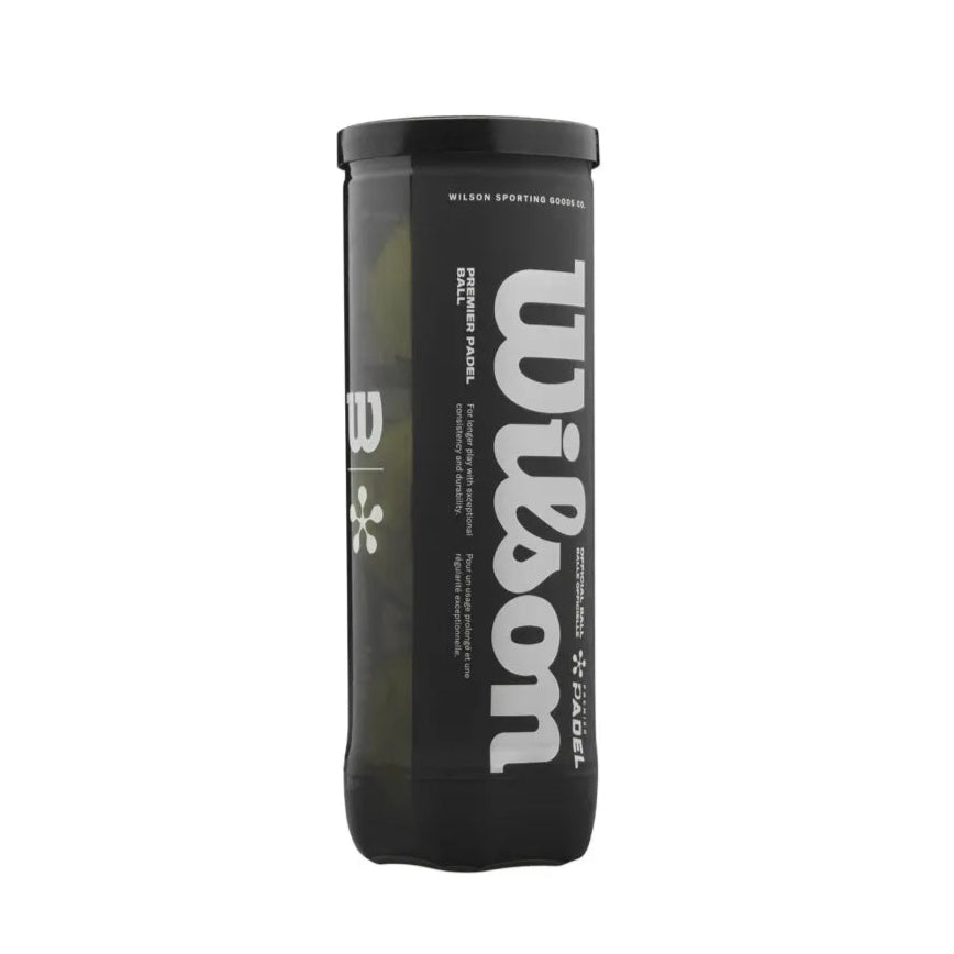 Tube of three Wilson Premier Padel balls, front view
