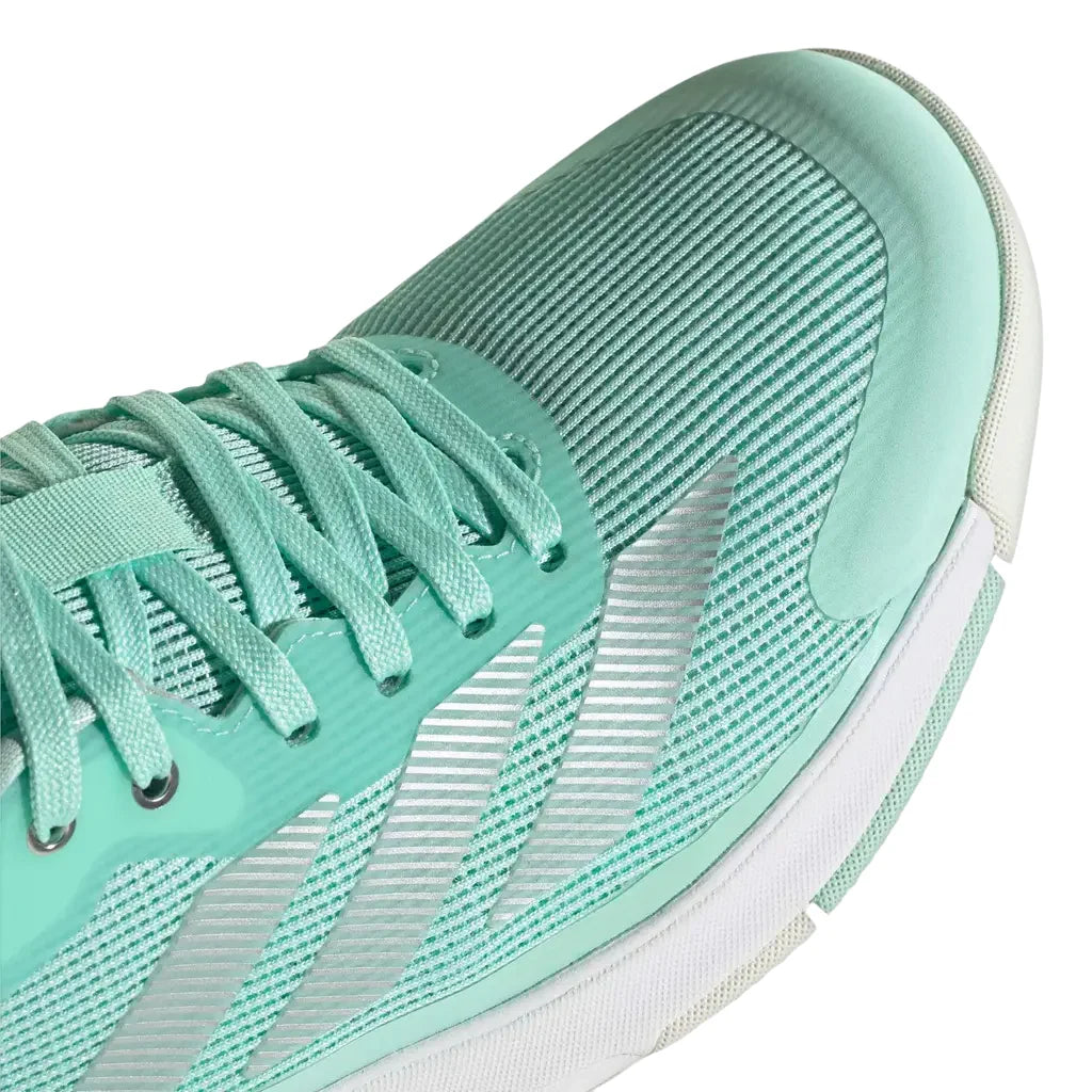 Adidas Crazyquick LS women's padel shoes (Clear Mint/Silver) - close-up of the toe box and laces