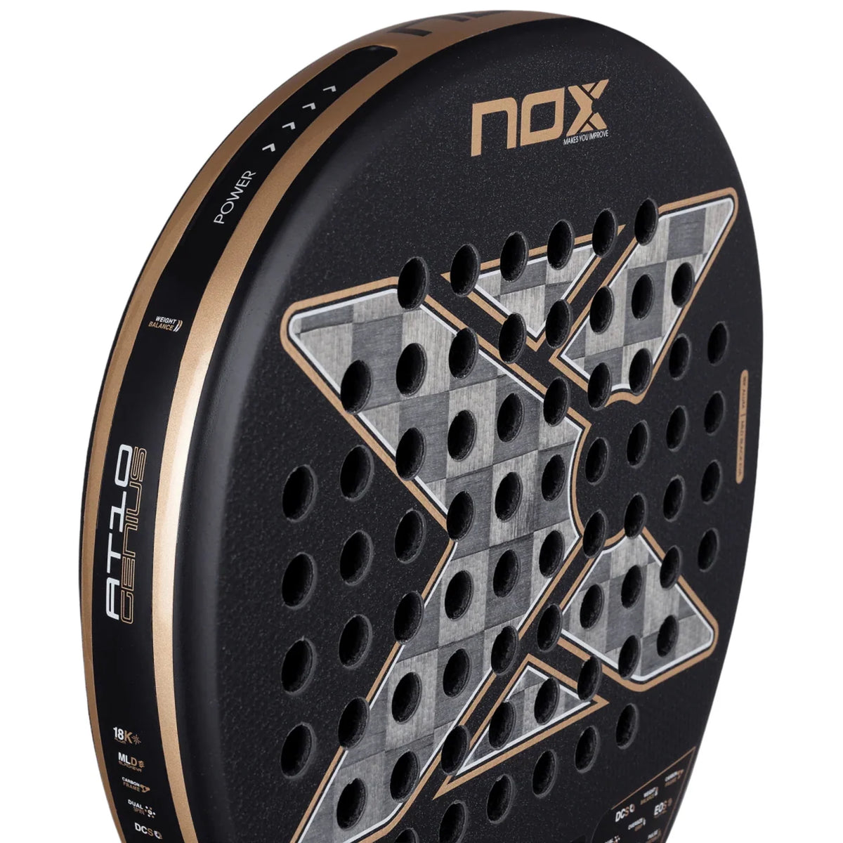 2026 Nox AT10 Genius 18K Alum By Agustin Tapia padel racket - angled close-up of the hitting face