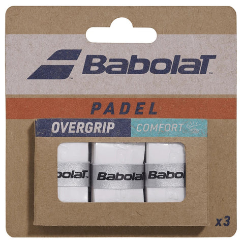Three white Babolat Comfort Padel overgrips with silver bands on a kraft card marked x3