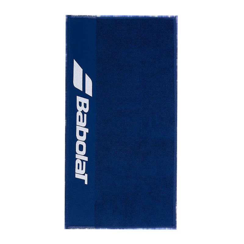 Navy blue Babolat padel towel with the Babolat name stitched in white