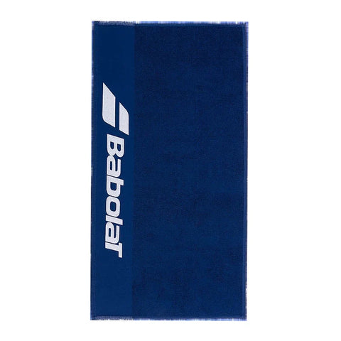 Navy blue Babolat padel towel with the Babolat name stitched in white