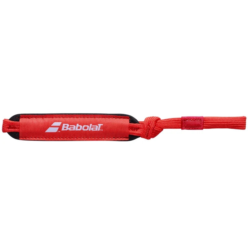 Red Babolat padel racket wrist strap, front view