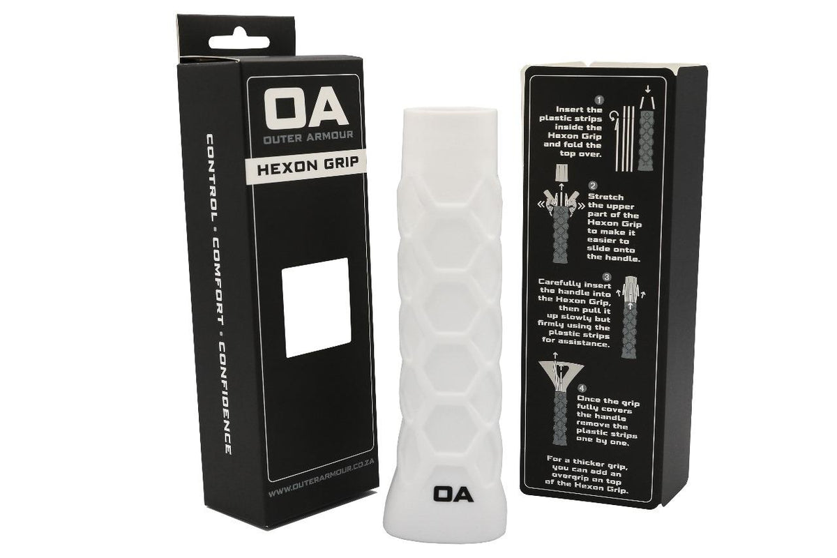 Outer Armour Hexon Grip - front and back of the box with the white grip between them
