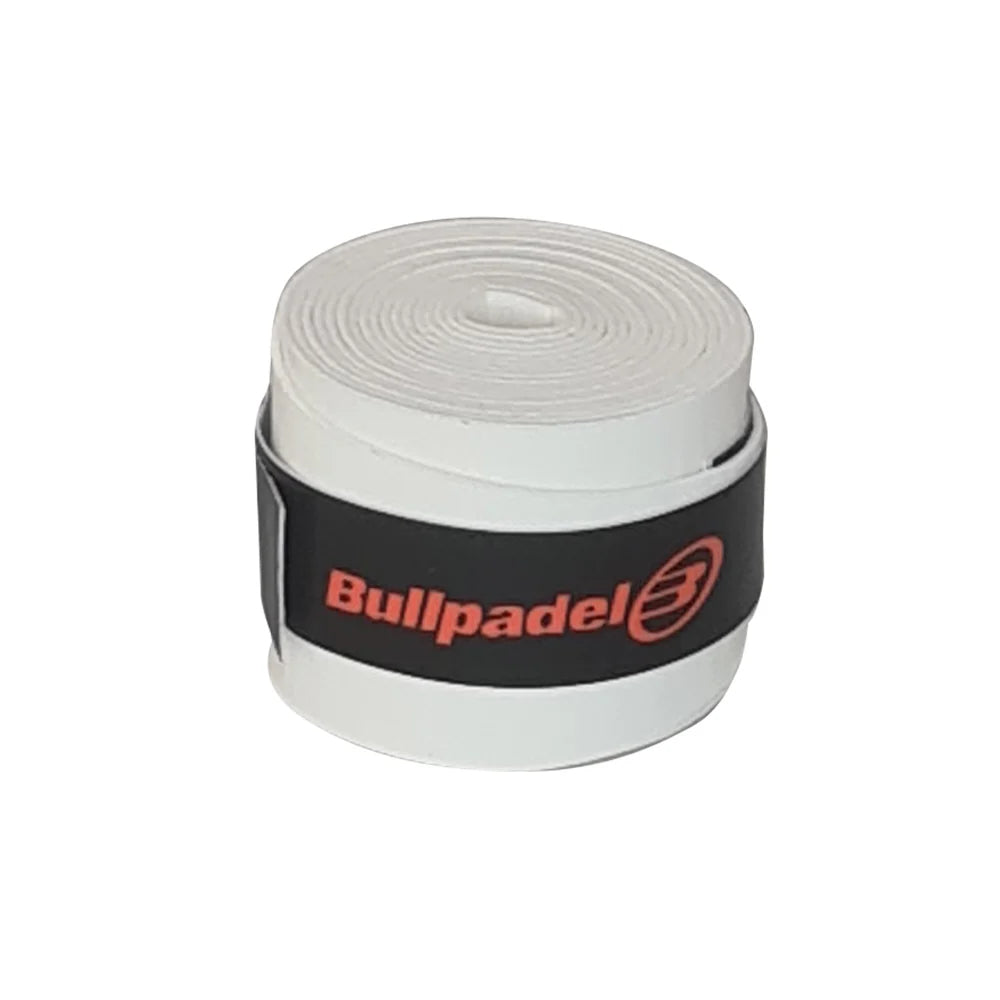 A rolled white Bullpadel overgrip with a black band and a red Bullpadel logo