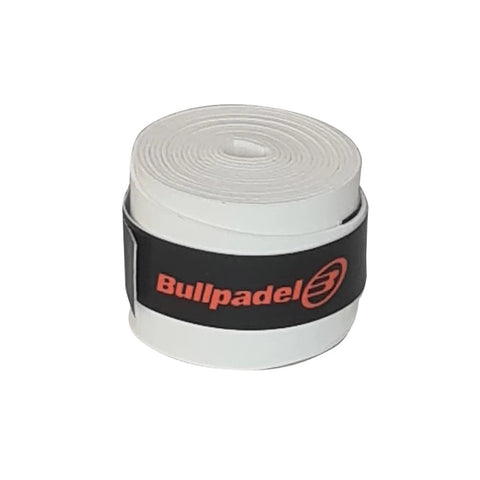 A rolled white Bullpadel overgrip with a black band and a red Bullpadel logo