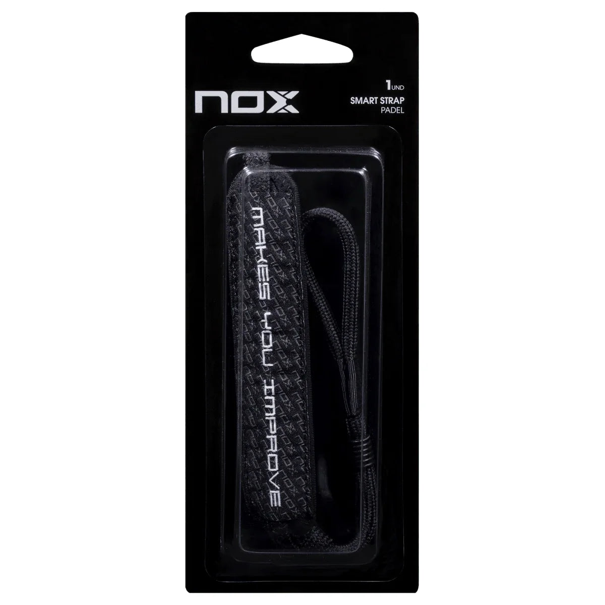 Black Nox Smartstrap padel racket wrist cord with white logo