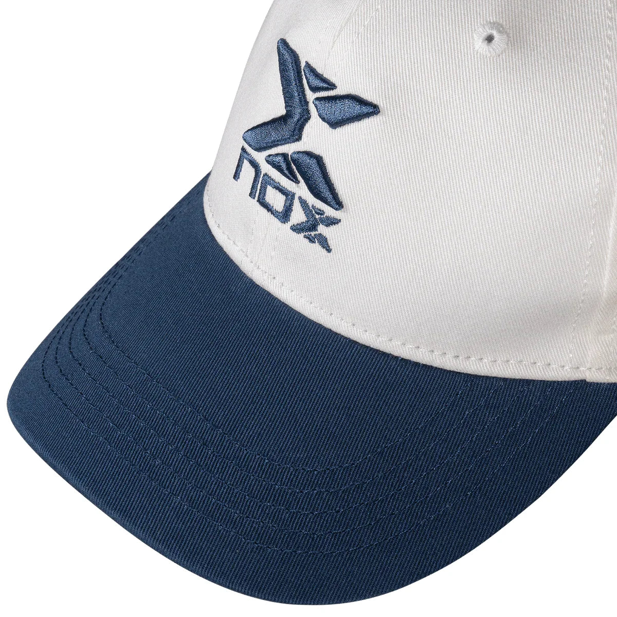 2025 Nox Street padel cap (Cream/Blue) - logo and peak detail