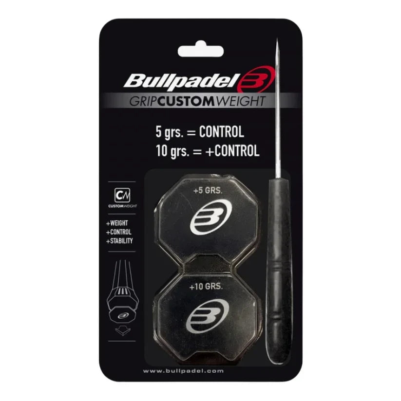Bullpadel Custom Weight Grip end caps in their packaging, black with a silver logo