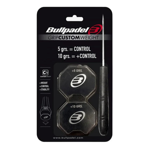 Bullpadel Custom Weight Grip end caps in their packaging, black with a silver logo