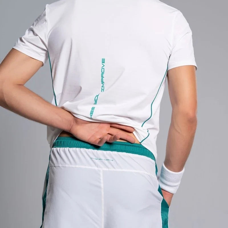 2026 Nox Pro men's padel shorts (White/Ivy Green) - back waistband, worn with matching top