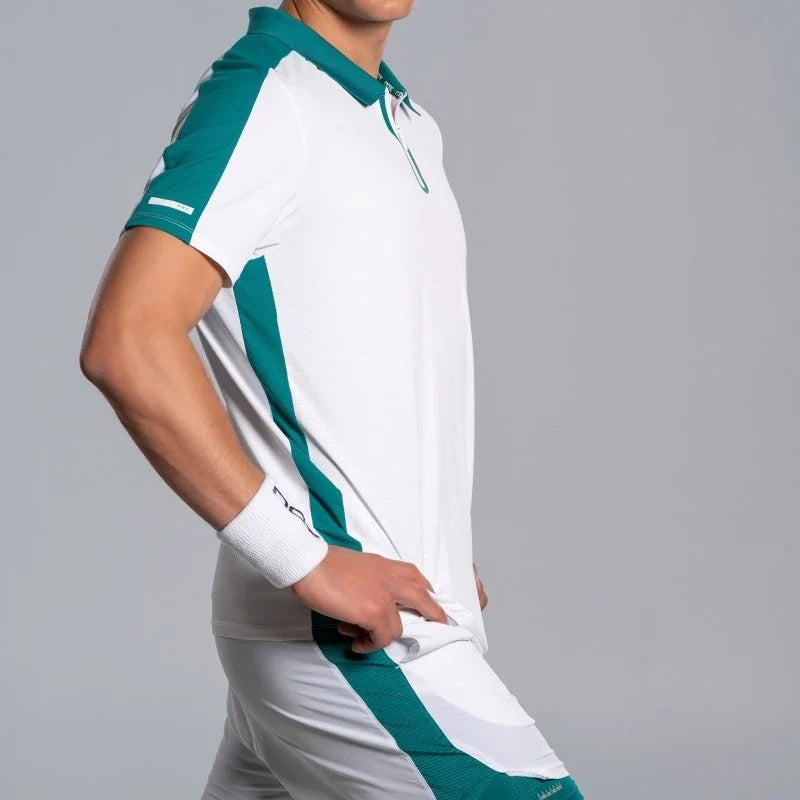 2026 Nox Pro men's padel shorts (White/Ivy Green) - side view, worn with matching polo