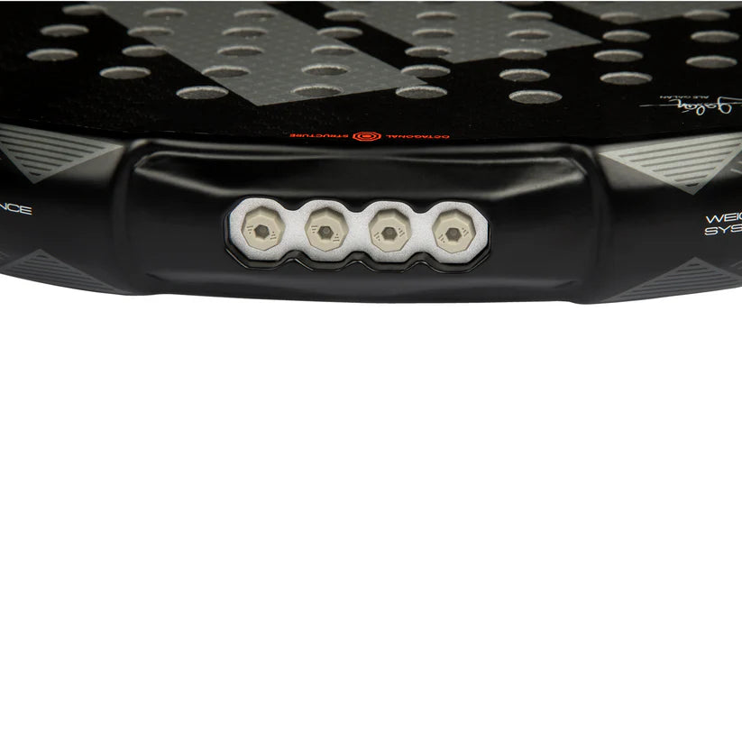 2025 Adidas Metalbone HRD+ 3.4 padel racket - frame top detail showing the weight ports