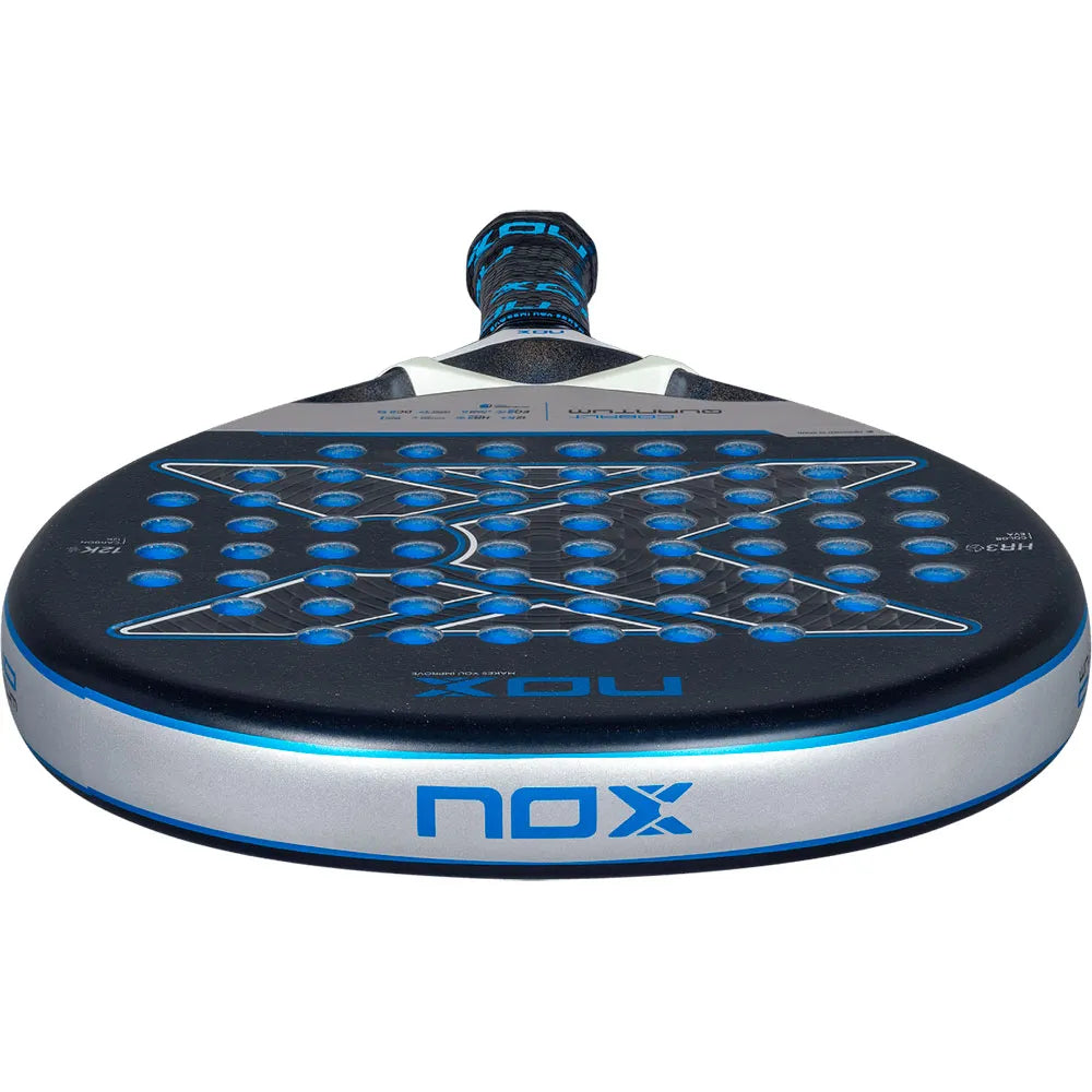 Nox Quantum Cobalt 12K padel racket - laid flat showing the frame top