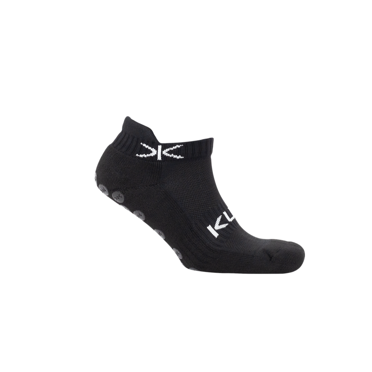 Kupe Secretsock Black - side view of a single no-show sock on a foot form