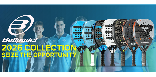 Promotional image of Bullpadel paddle rackets with players and text '2026 Collection Seize the Opportunity' on a blue background. padelgear shopping