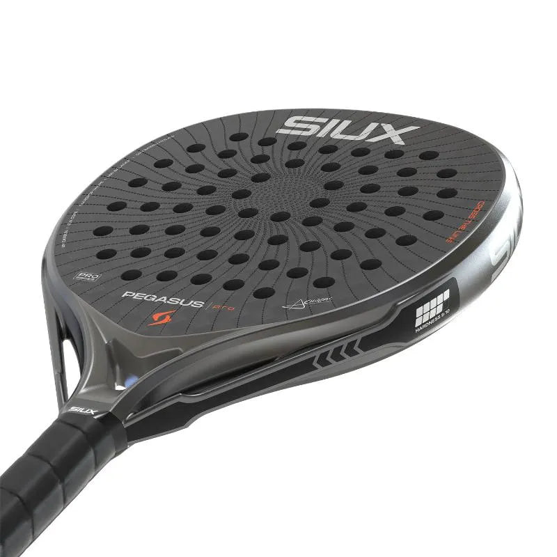 2026 Siux Pegasus Pro Storm Grey padel racket - laid flat showing the face