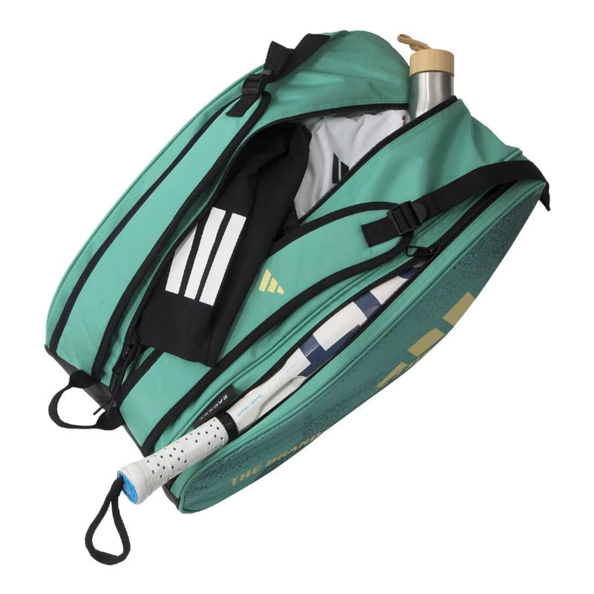 2025 Adidas Racketbag Control Green 3.4 - open, showing the ventilated shoe compartment