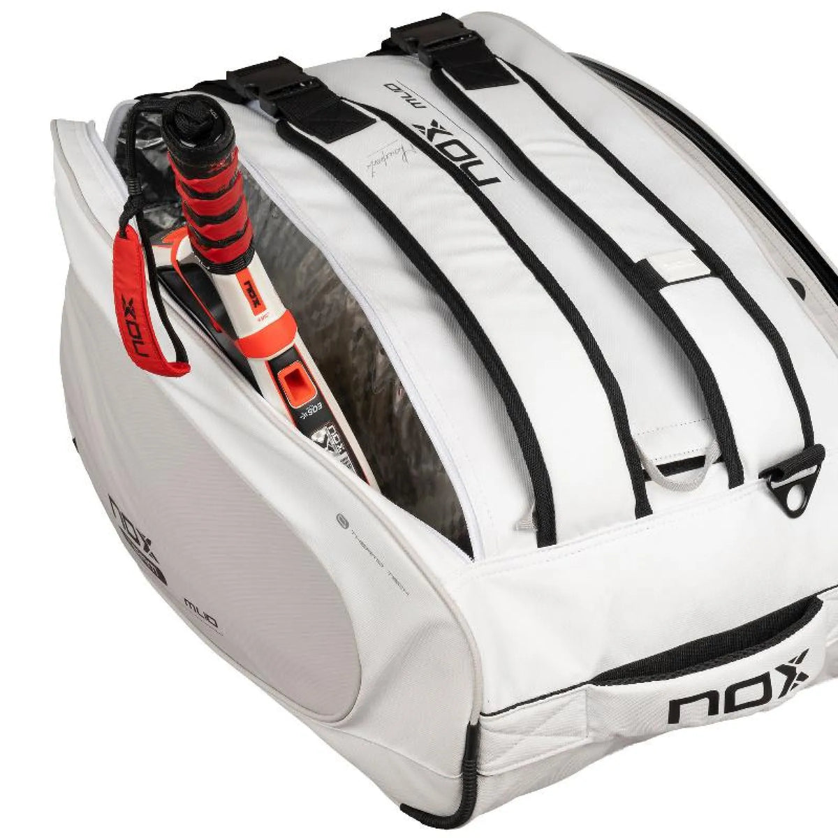 Nox ML10 Team Bag White - open, showing rackets in the compartment