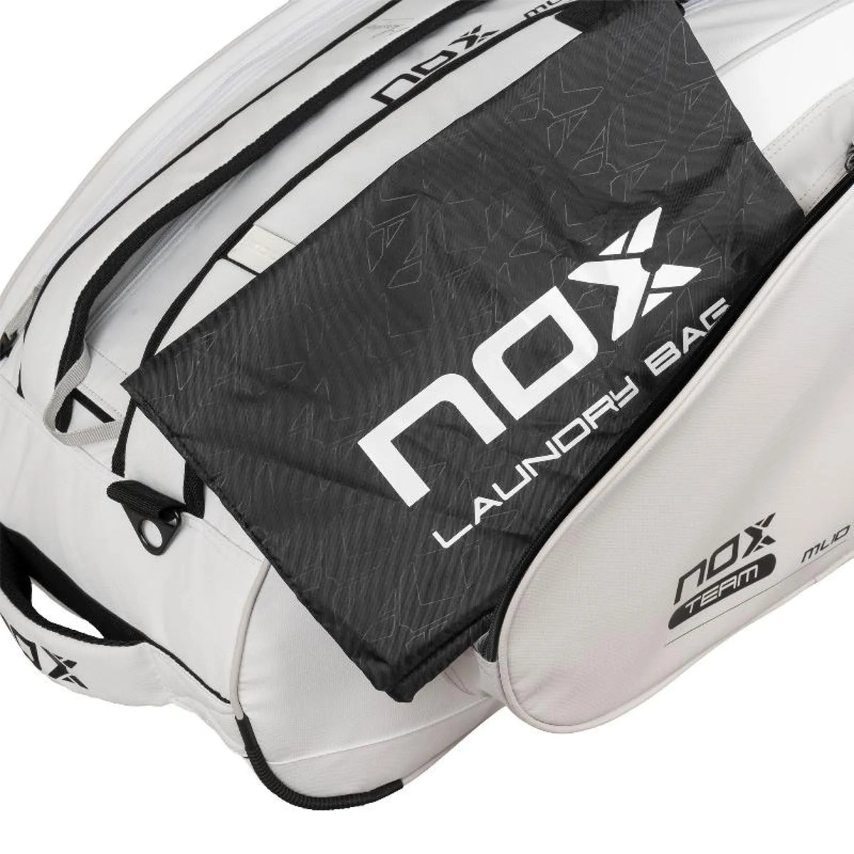 Nox ML10 Team Bag White - open, showing the padded racket sleeve