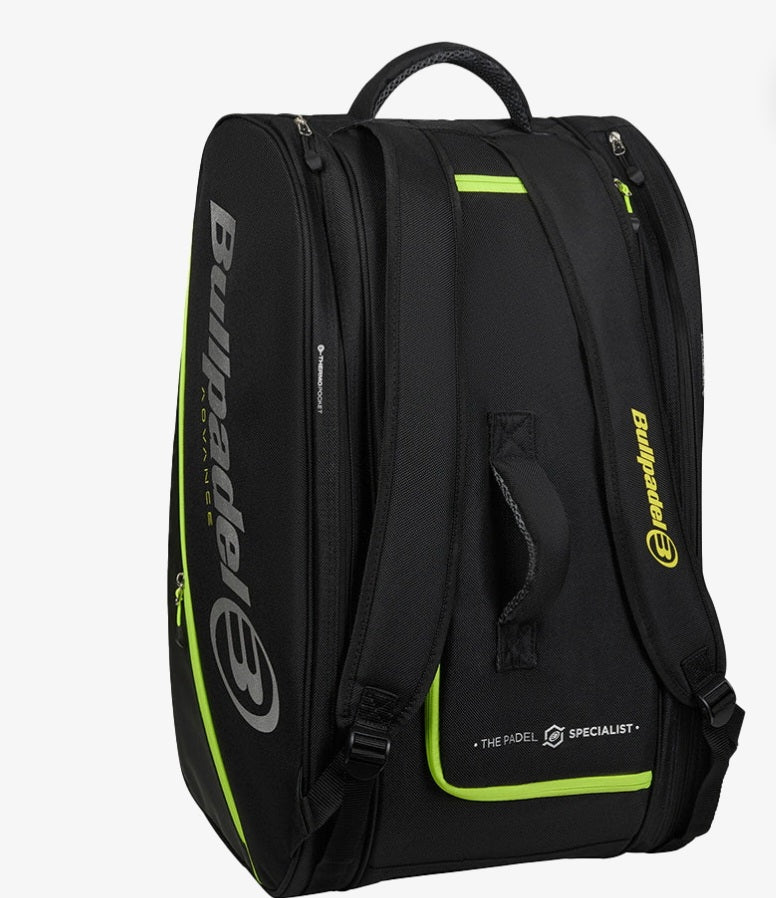 Bullpadel Advance Bag (Black/Green) - rear view showing the harness