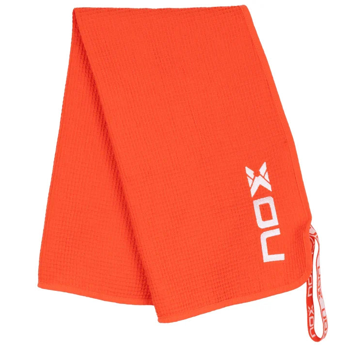Red and white Nox padel towel with contrast embroidered logo