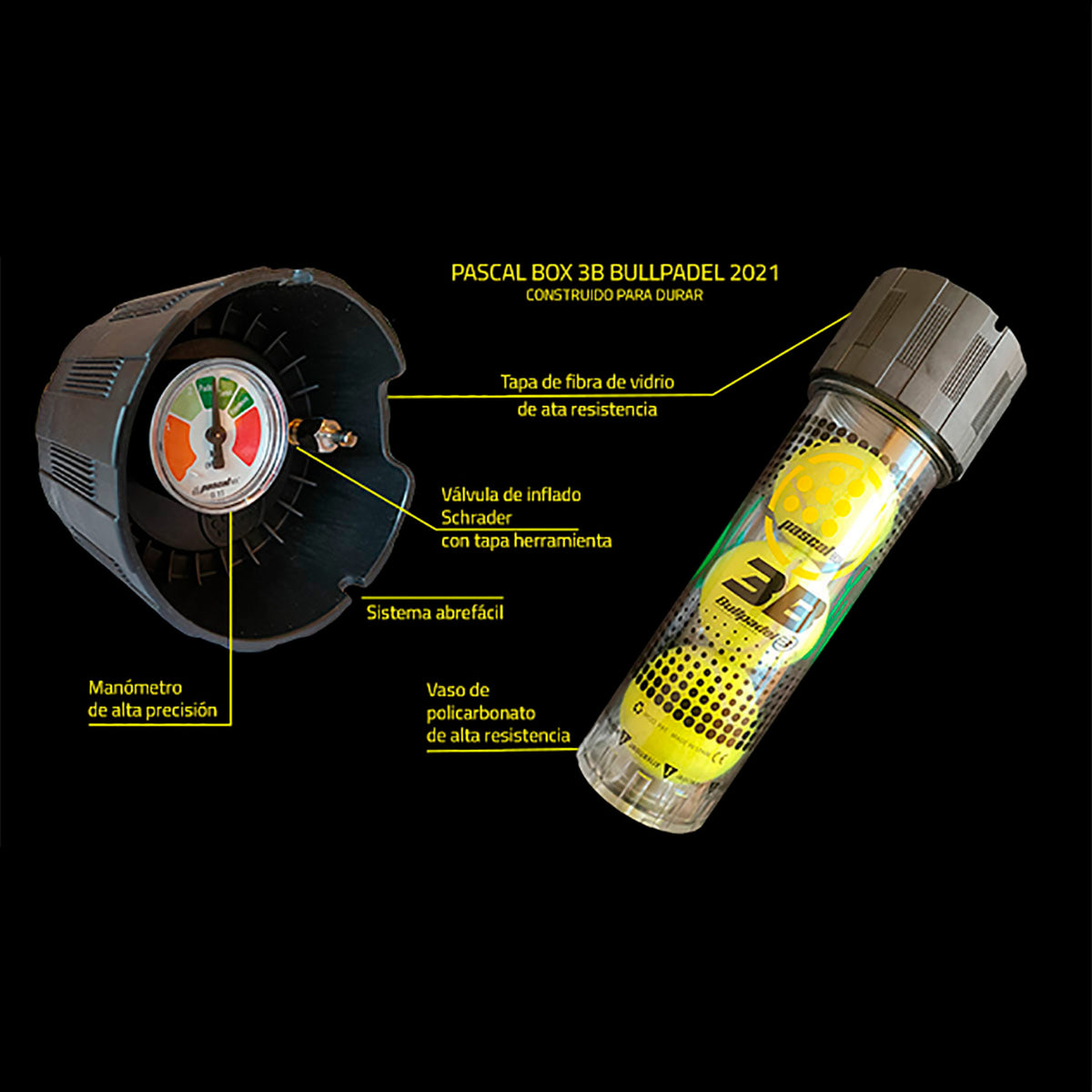 Bullpadel Pascal Box ball pressuriser - diagram explaining the pressure system